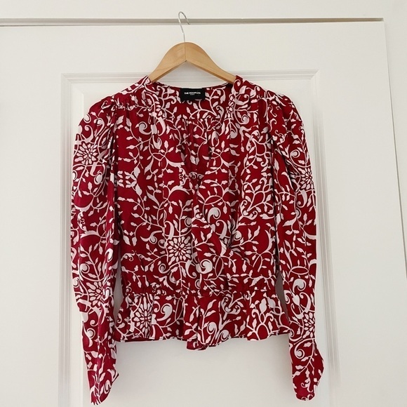 The Kooples Botanical-Print Puff-Sleeve Peplum Silk Top - Picture 5 of 11